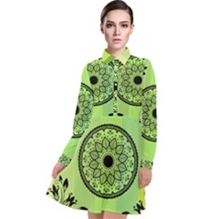 Green Grid Cute Flower Mandala Long Sleeve Chiffon Shirt Dress