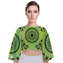 Green Grid Cute Flower Mandala Tie Back Butterfly Sleeve Chiffon Top