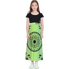 Green Grid Cute Flower Mandala Kids  Flared Maxi Skirt