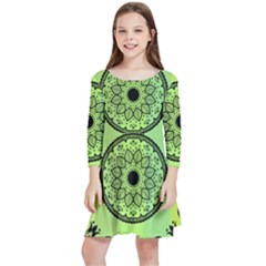 Green Grid Cute Flower Mandala Kids  Quarter Sleeve Skater Dress