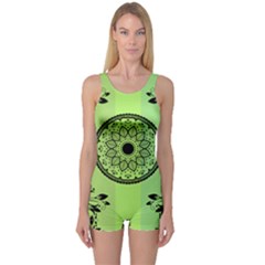 Green Grid Cute Flower Mandala One Piece Boyleg Swimsuit by Magicworlddreamarts1