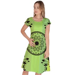Green Grid Cute Flower Mandala Classic Short Sleeve Dress by Magicworlddreamarts1