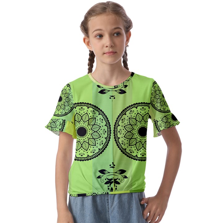 Green Grid Cute Flower Mandala Kids  Cuff Sleeve Scrunch Bottom Tee