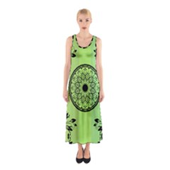 Green Grid Cute Flower Mandala Sleeveless Maxi Dress