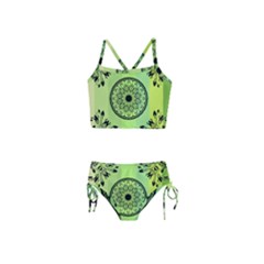 Green Grid Cute Flower Mandala Girls  Tankini Swimsuit by Magicworlddreamarts1