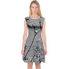 Grey Colors Flowers And Branches Illustration Print Capsleeve Midi Dress by dflcprintsclothing