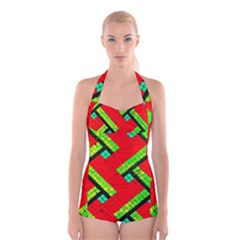 Pop Art Mosaic Boyleg Halter Swimsuit  by essentialimage365