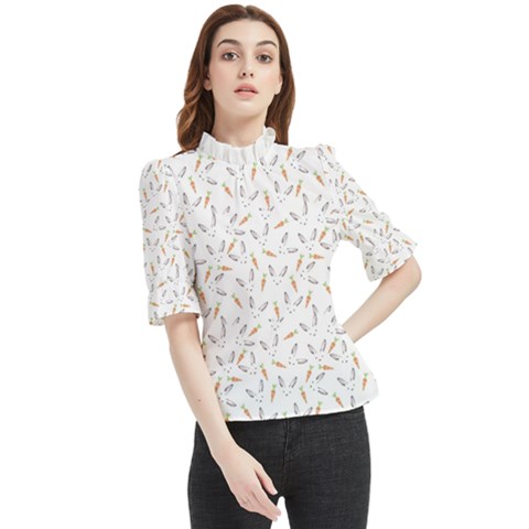 Cute Bunnies And Carrots Pattern, Light Colored Theme Frill Neck Blouse by Casemiro