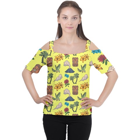 Tropical Island Tiki Parrots, Mask And Palm Trees Cutout Shoulder Tee by DinzDas