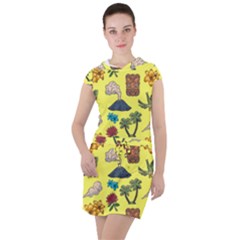 Tropical Island Tiki Parrots, Mask And Palm Trees Drawstring Hooded Dress by DinzDas