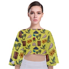 Tropical Island Tiki Parrots, Mask And Palm Trees Tie Back Butterfly Sleeve Chiffon Top by DinzDas