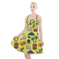 Tropical Island Tiki Parrots, Mask And Palm Trees Halter Party Swing Dress  by DinzDas