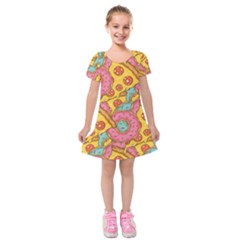 Fast Food Pizza And Donut Pattern Kids  Short Sleeve Velvet Dress by DinzDas