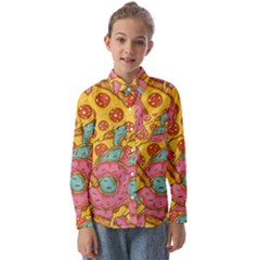 Fast Food Pizza And Donut Pattern Kids  Long Sleeve Shirt by DinzDas