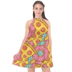 Fast Food Pizza And Donut Pattern Halter Neckline Chiffon Dress  by DinzDas