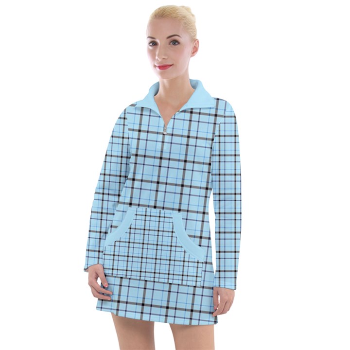 Sky blue tartan plaid pattern, with black lines Women s Long Sleeve Casual Dress