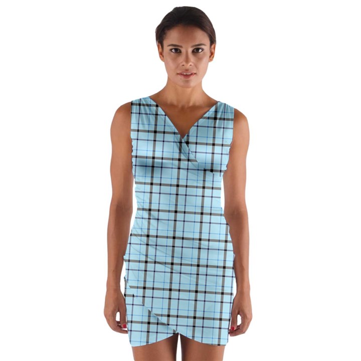 Sky blue tartan plaid pattern, with black lines Wrap Front Bodycon Dress