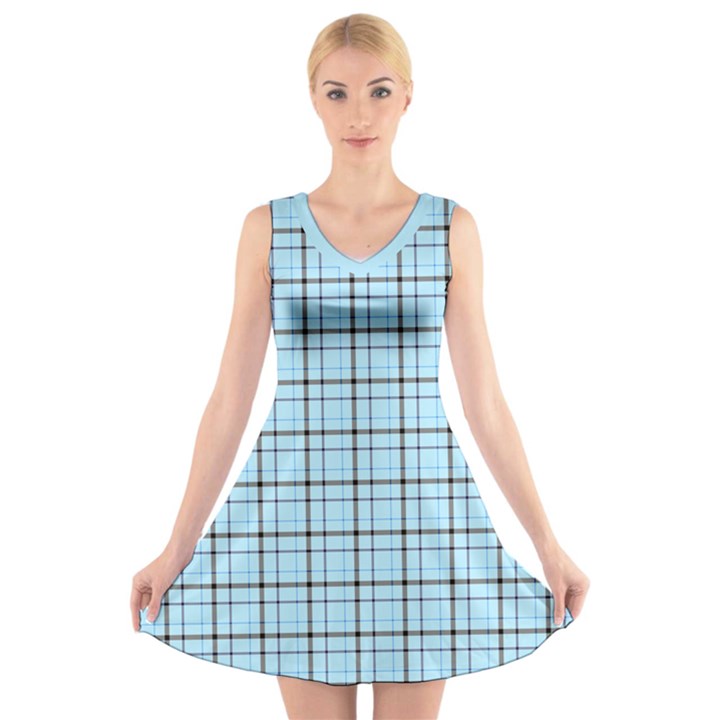 Sky blue tartan plaid pattern, with black lines V-Neck Sleeveless Dress