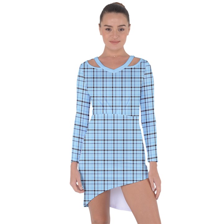 Sky blue tartan plaid pattern, with black lines Asymmetric Cut-Out Shift Dress