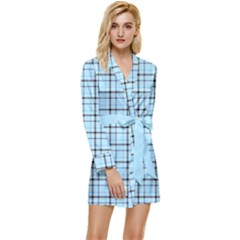 Sky Blue Tartan Plaid Pattern, With Black Lines Long Sleeve Satin Robe by Casemiro