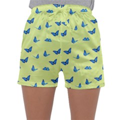 Blue Butterflies At Lemon Yellow, Nature Themed Pattern Sleepwear Shorts