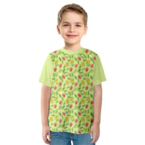 Vector Fruits Pattern, Pastel Colors, Yellow Background Kids  Sport Mesh Tee by Casemiro