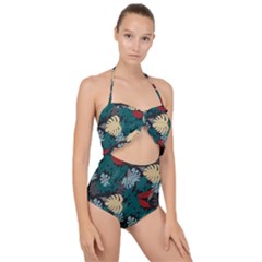 Tropical Autumn Leaves Scallop Top Cut Out Swimsuit by tmsartbazaar