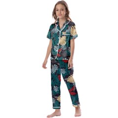 Tropical Autumn Leaves Kids  Satin Short Sleeve Pajamas Set by tmsartbazaar