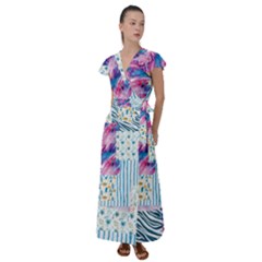 Blue Wavespastel Flutter Sleeve Maxi Dress by designsbymallika