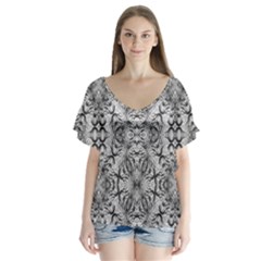 Black And White Ornate Pattern V-neck Flutter Sleeve Top by dflcprintsclothing