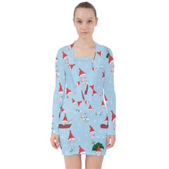 Funny Mushrooms Go About Their Business V-neck Bodycon Long Sleeve Dress by SychEva