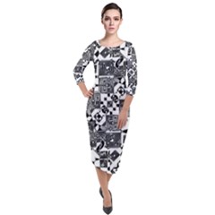 Black And White Geometric Print Quarter Sleeve Midi Velour Bodycon Dress by dflcprintsclothing