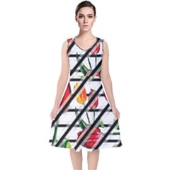 Stripes Tulips Pattern V-neck Midi Sleeveless Dress  by designsbymallika
