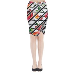 Stripes Tulips Pattern Midi Wrap Pencil Skirt by designsbymallika