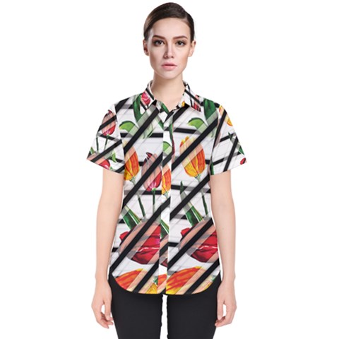 Stripes Tulips Pattern Women s Short Sleeve Shirt by designsbymallika