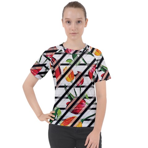 Stripes Tulips Pattern Women s Sport Raglan Tee by designsbymallika