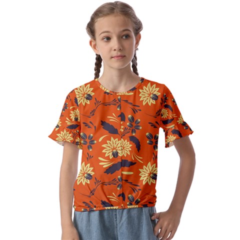 Folk Flowers Pattern  Kids  Cuff Sleeve Scrunch Bottom Tee by Eskimos