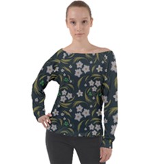 Folk Flowers Pattern Floral Surface Design Off Shoulder Long Sleeve Velour Top by Eskimos