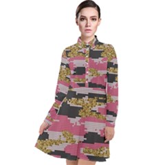 Abstract Glitter Gold, Black And Pink Camo Long Sleeve Chiffon Shirt Dress by AnkouArts