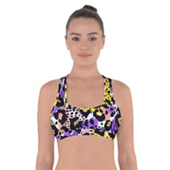 Black Leopard Print With Yellow, Gold, Purple And Pink Cross Back Sports Bra by AnkouArts