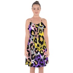 Black Leopard Print With Yellow, Gold, Purple And Pink Ruffle Detail Chiffon Dress by AnkouArts