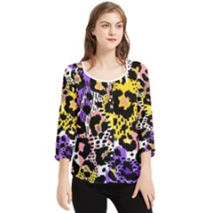Black Leopard Print With Yellow, Gold, Purple And Pink Chiffon Quarter Sleeve Blouse by AnkouArts