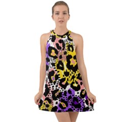 Black Leopard Print With Yellow, Gold, Purple And Pink Halter Tie Back Chiffon Dress by AnkouArts