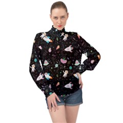 Funny Astronauts, Rockets And Rainbow Space High Neck Long Sleeve Chiffon Top by SychEva