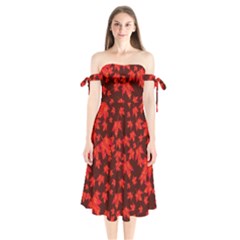 Red Oak And Maple Leaves Shoulder Tie Bardot Midi Dress by Daria3107