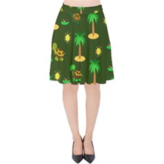 Turtle And Palm On Green Pattern Velvet High Waist Skirt by Daria3107