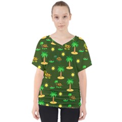 Turtle And Palm On Green Pattern V-neck Dolman Drape Top