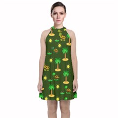 Turtle And Palm On Green Pattern Velvet Halter Neckline Dress  by Daria3107