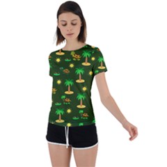 Turtle And Palm On Green Pattern Back Circle Cutout Sports Tee by Daria3107