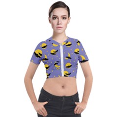 Bats With Yellow Moon Short Sleeve Cropped Jacket by SychEva